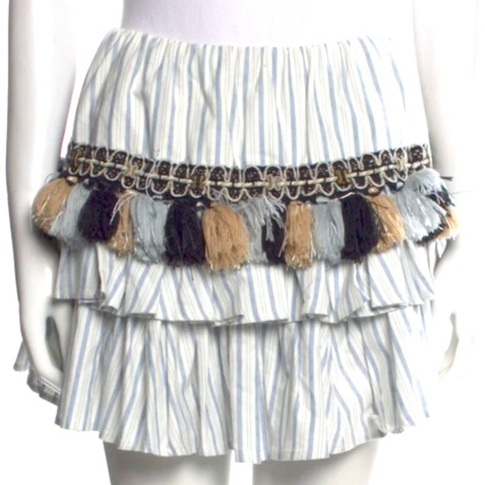 Caroline Constas Pinstripe Tiered Mini Skirt with Tassel Detail Womens Sz Small